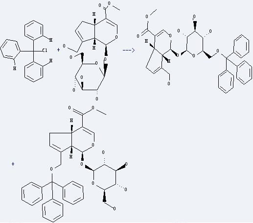 Geniposide is used to produce 7-hydroxymethyl-1-(3,4,5-trihydroxy-6-tritylox and trityloxymethyl-1,4a,5,7a-tetrahydro-cyclopenta[c]pyran-4-carboxylic acid methyl ester by reaction with chloro-triphenyl-methane.